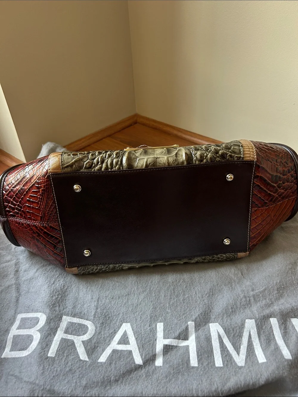Brahmin Olive, Rust & Brown Croc-Embossed Satchel